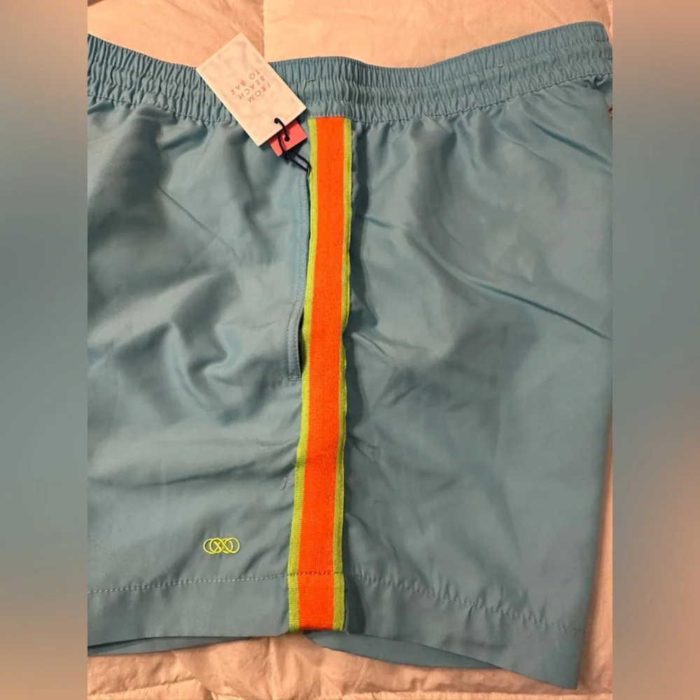 Le Club Skyline Mid Length Swim Trunks - NWT - Size XXL - Blue w/ Orange Accents